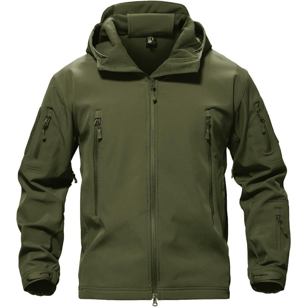 Men's #08-green Tactical Soft Shell Winter Jacket with Fleece Lining & Hood